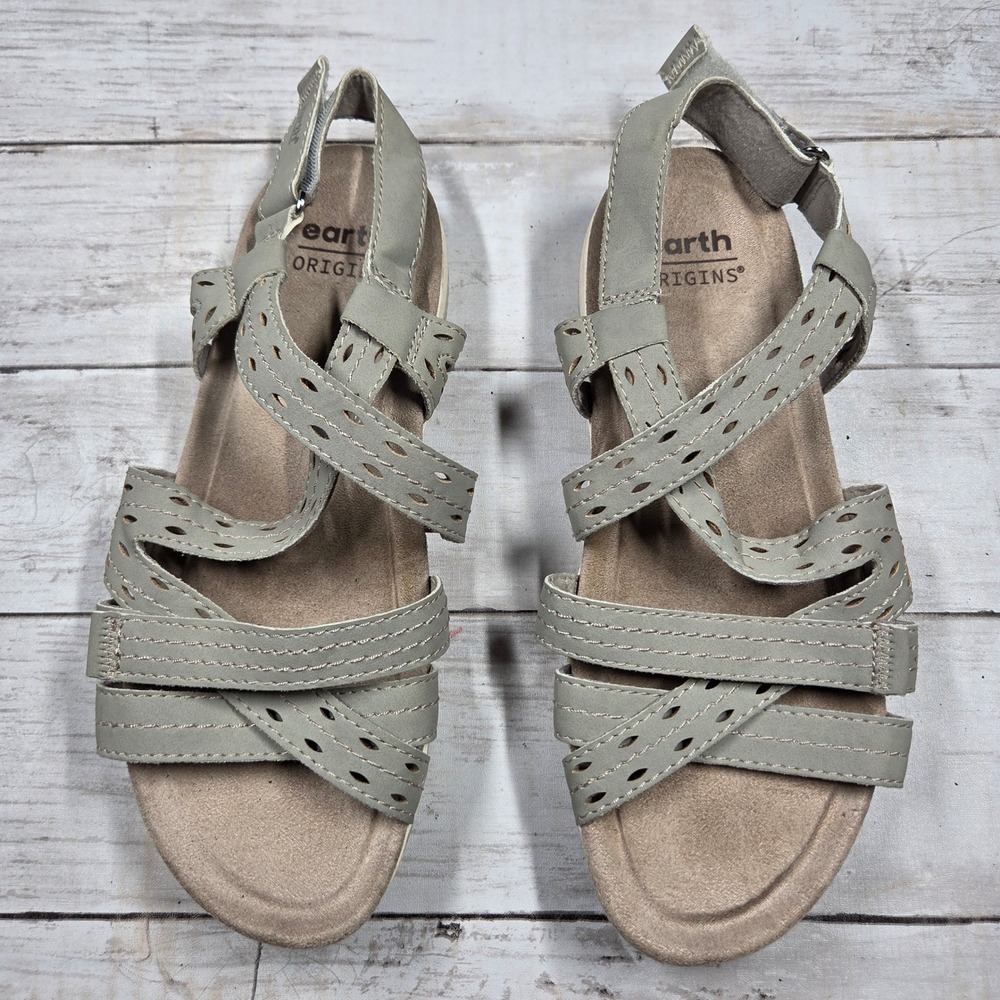 Earth‎ Origins Strappy Slingback Sandals Womens 7W Grey Laser Cut Comfort Flat